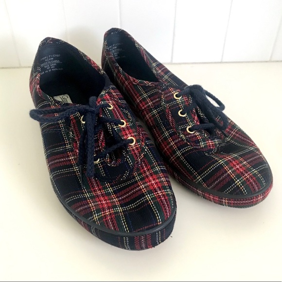 Vintage 1970’s plaid dark academia preppy sneakers lace up flats shoes - Picture 1 of 11